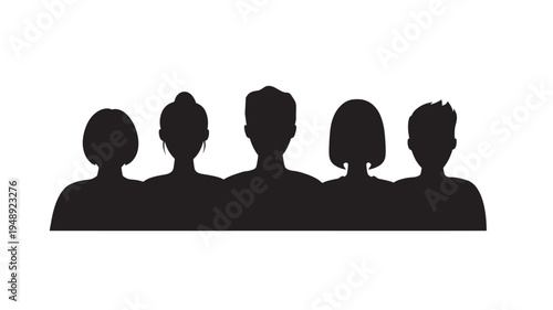 Silhouettes of five diverse people standing together, symbolizing teamwork and community unity with a clean, modern aesthetic.