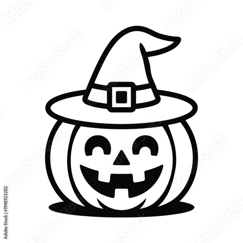 Cute smiling jack-o-lantern wearing a witch hat, simple outline illustration for halloween, black and white, trick or treat
