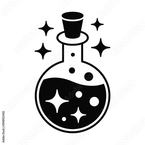Magic potion bottle with sparkles and bubbles, hand-drawn illustration