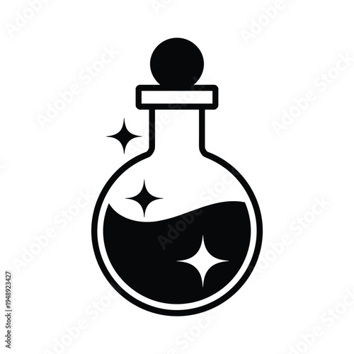 Magic potion bottle with sparkles and bubbles in a flask, simple icon illustration
