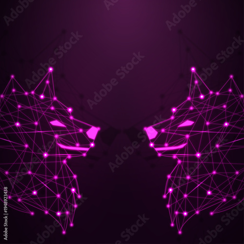 Neon Polygonal Wolf Head Technology Background, Futuristic Low Poly Neon Wolf Digital Illustration, Glowing Cyber Wolf Wireframe Network Background, Abstract Geometric Neon Wolf Tech Art Illustration