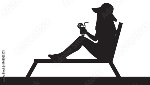 Woman in a sun hat relaxing on a lounge chair with a refreshing cocktail, enjoying a summer vacation.