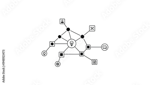 Intricate network of nodes with an idea bulb at the center representing complex problem solving, innovation, and interconnected knowledge.