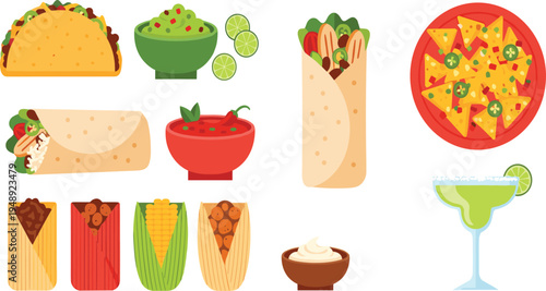 Mexican Cuisine Vector Set Featuring Tacos, Burritos, Nachos, Salsa, and Margaritas for Menu Design, Food Blogs, and Restaurant Illustrations