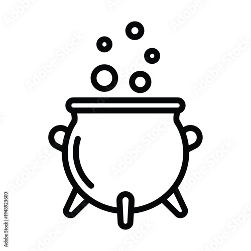 Simple outline illustration of a bubbling cauldron, perfect for witch or magic themes, black and white