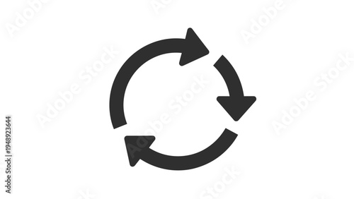 Continuous rotation circle icon with three arrows representing recycling, process repetition, and sustainable circular economy concepts.