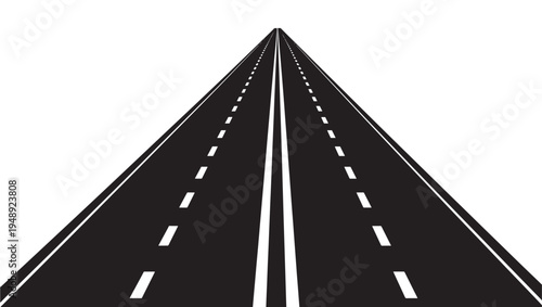 Road with dashed white lines leading to the horizon, representing travel and direction on an empty black asphalt surface.