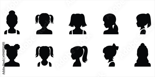 Diverse Black Silhouettes of Girls Hairstyles and Outfits on White Background girl silhouette child silhouette