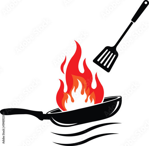 Vector art of frying pan with fire and spatula