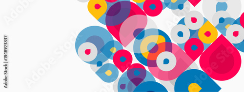 Abstract colorful circles overlap, creating dynamic visual pattern. Bright hues contrast against white background. Modern design element.