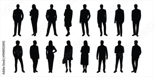 Diverse group of standing and seated male and female silhouettes on white background people woman