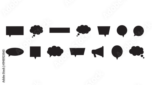 Speech bubbles and thought clouds in various styles including round, rectangular, and irregular shapes with black fill on white background.