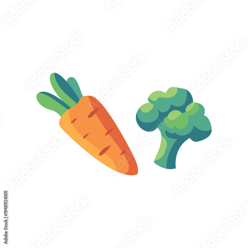 Fresh Carrot and Broccoli Healthy Vegetables Flat Illustration