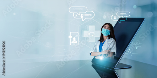 Doctor online, Virtual communication in hospital. Medical and consultation with patient, Medical discussing medicine and through the phone screen and tablet with analysis health care, Virtual hospital