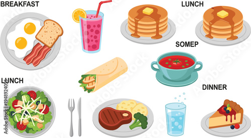 Breakfast, Lunch, and Dinner Vector Set Featuring Eggs, Pancakes, Salad, Steaks, and Desserts for Menu Design, Food Blogs, and Culinary Illustrations
