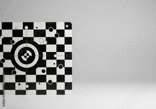 Abstract black and white checkerboard pattern with circles on a plain background
