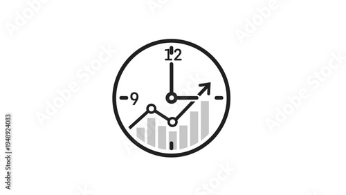 Business time analytics showing a clock face containing both a line graph and a bar chart for performance tracking.