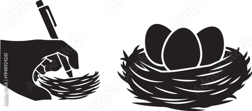 Hand building nest with eggs and pen illustration design