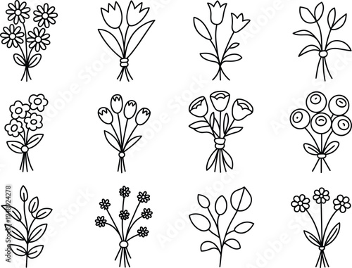Hand- Drawn Outline Bouquets of Flowers and Branches on White Background Keywords: hand-drawn, outline, illustration, flowers