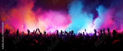 The Crowd Celebrating Under Vibrant Colored Lights and Smoke at a Night Festival