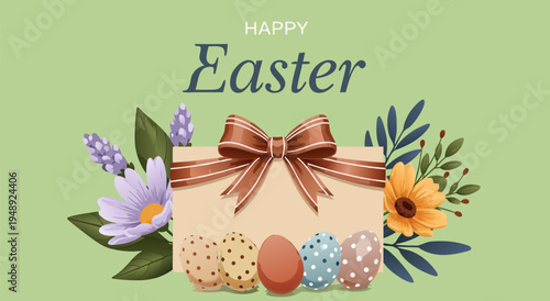 Happy Easter Vector Illustration with Easter Eggs and Flowers, Festive Greeting Card Design