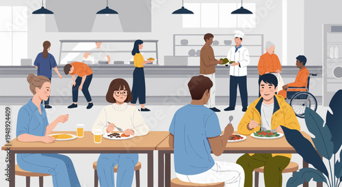 Diverse group of people enjoying meals in a bright cafeteria vector illustration