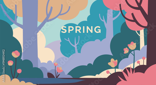 Spring Season Landscape Vector Illustration with Trees and Flowers, Seasonal Nature Scene Art