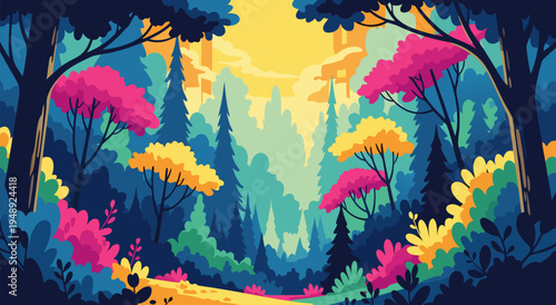 Vibrant and Colorful Forest Scene Vector Illustration, Enchanting Nature Landscape with Stylized Trees and Foliage