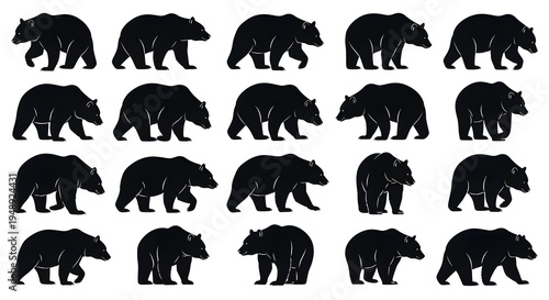 Set of black bear silhouettes walking across the scene