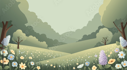 Enchanting Spring Meadow Landscape Vector Illustration A Serene Field of Wildflowers and Gentle Hills under a Pale Sky