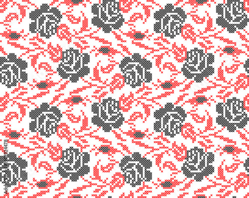 Seamless Ukrainian embroidery vector pattern with traditional vyshyvanka floral ornament. Red and black flowers with decorative branches and leaves 