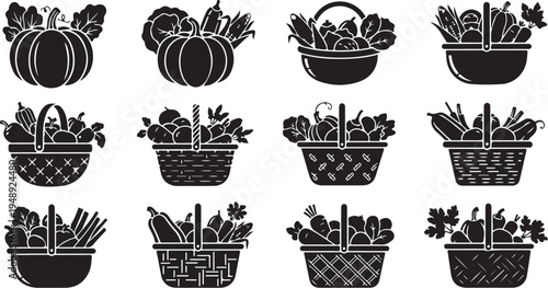 Black and white illustrations of harvest baskets and vegetables