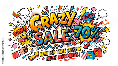 Crazy Sale Banner with Pop Art Elements