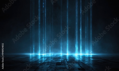 Vertical glowing blue light beams from a dark, smoky, reflective floor