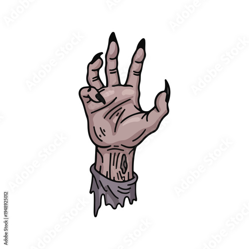 Illustration of a reaching undead hand with purple decaying skin and sharp black monster claws.