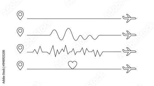 Airplanes with diverse flight paths and a heart symbol indicating travel and connection between locations.