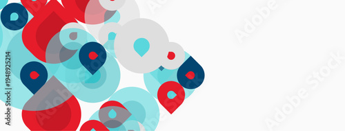 Abstract circles overlap, creating dynamic visual texture. Red, blue, light blue hues dominate white background. Modern design element.