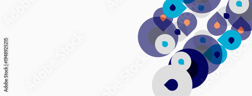 Abstract circles overlap, creating dynamic composition. Blue, purple, orange hues dominate white background. Modern design element.