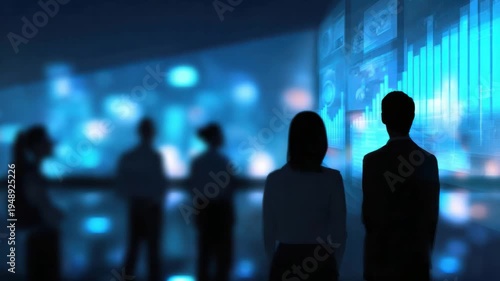 Strategic Insight: A silhouette group analyses intricate data projected on a large display, immersed in the digital realm of innovation and analysis.