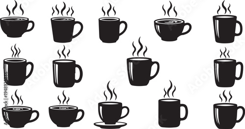 Black coffee cups with steam on white background illustration