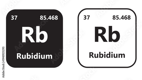 Rubidium element symbol and name with atomic number and mass on black and white backgrounds featuring Rb, chemistry, periodic table with science and