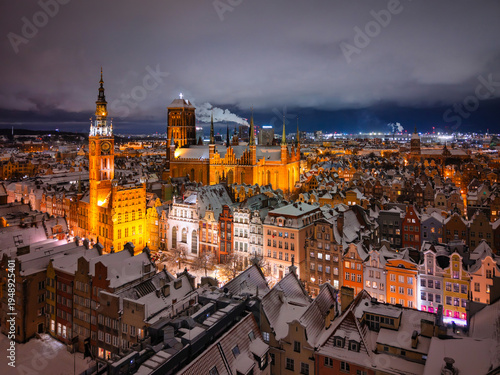 Wallpaper Mural Aerial view of the beautiful main city in Gdansk at winter night, Poland Torontodigital.ca