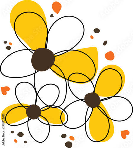 Playful yellow daisy doodle featuring loose black lines and abstract offset colors. A cheerful floral illustration with cute hearts, perfect for bright spring stationery and happy nursery decor.