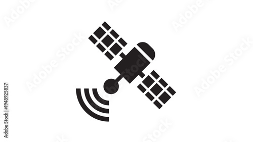 Satellite icon with solar panels transmitting signals on a white background, representing space communication and technology