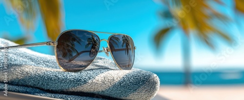 The sunglasses on a striped towel with palm reflections at a tropical beach