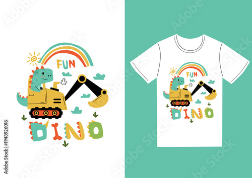 green dinosaur t rex in excavator driver cartoon vector flat style for kids apparel
