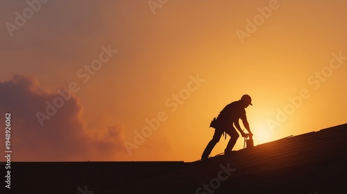 Roofer Silhouette Working on House Roof at Sunset - Copy Space