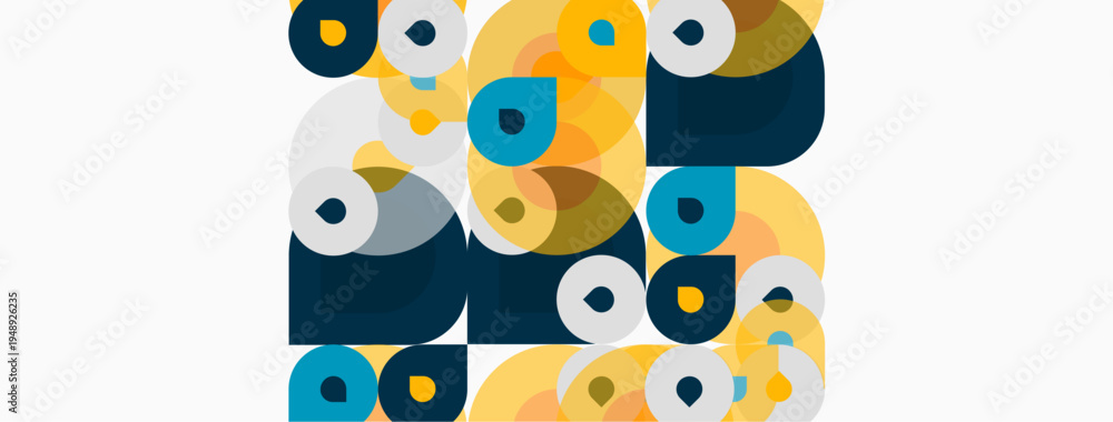 Fototapeta premium Abstract geometric shapes overlap. Yellow, blue, gray tones create modern design. Circles, squares, rectangles form playful composition.