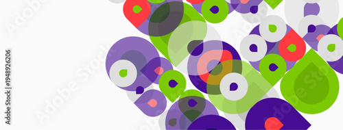 Abstract circles overlap, creating vibrant patterns. Green, purple, red hues dominate white background. Modern design element.