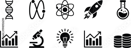 Science Icons DNA Atom Rocket Microscope Lightbulb Graph Coins Flask molecule orbit